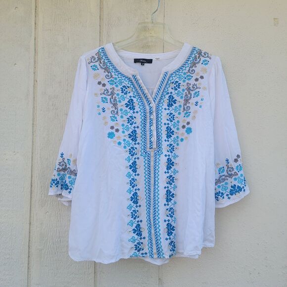 Andree by Unit blu/white floral  embroidered Boho Lightweight wmns sz L - Picture 1 of 5
